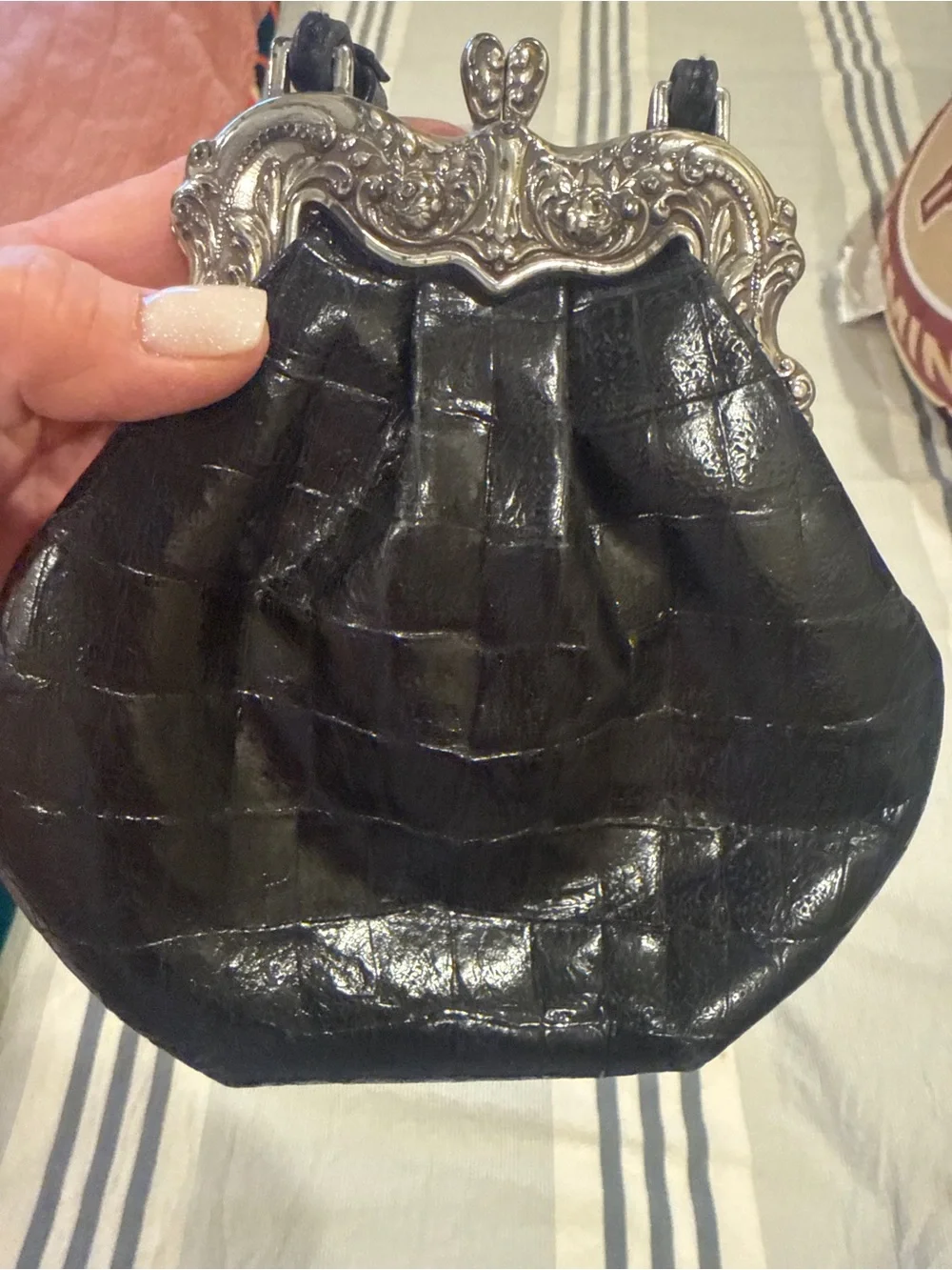 Brighton Black Croc-Embossed Wristlet with Ornate Silver Frame